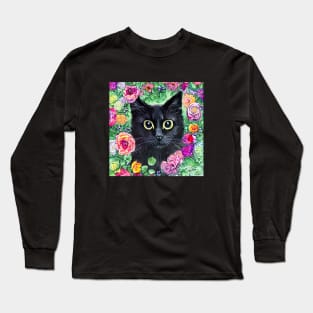 Black Cat In Flowers Long Sleeve T-Shirt